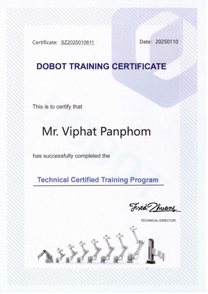 Dobot Training Certificate awarded to Leadico's representative for successfully completing the Technical Certified Training Program.