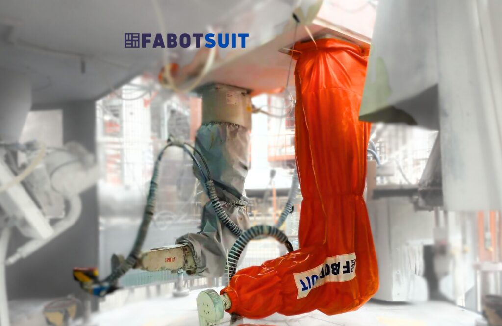 Fabotsuit industrial robot protective cover, designed for durability and dust resistance in automated manufacturing environments.