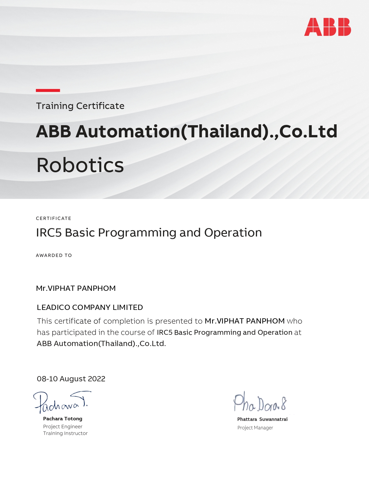 ABB Basic Programming certificate
