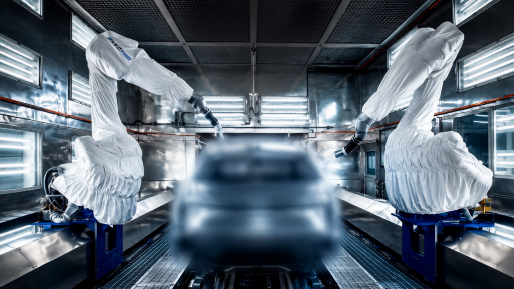 FABOTSUIT® FBP01 robot protective jacket installed on industrial painting robots inside an automotive paint booth, protecting robots from paint overspray, chemicals, dust, and harsh manufacturing environments.